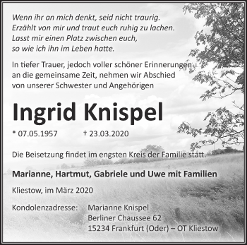 Traueranzeige von Ingrid Knispel von Märkische Oderzeitung