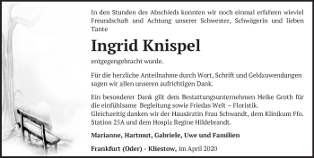 Traueranzeige von Ingrid Knispel von Märkische Oderzeitung