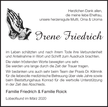 Traueranzeige von Irene Friedrich von Märkische Oderzeitung