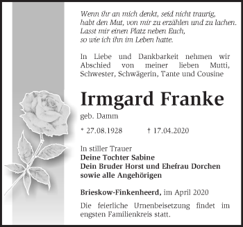 Traueranzeige von Irmgard Franke von Märkische Oderzeitung