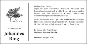 Traueranzeige von Johannes Ring von Märkische Oderzeitung