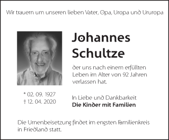 Traueranzeige von Johannes Schultze von Märkische Oderzeitung