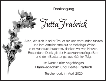 Traueranzeige von Jutta Frädrich von Märkische Oderzeitung