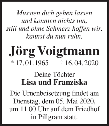 Traueranzeige von Jörg Voigtmann von Märkische Oderzeitung