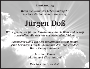 Traueranzeige von Jürgen Doß von Märkische Oderzeitung