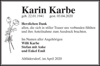 Traueranzeige von Karin Karbe von Märkische Oderzeitung