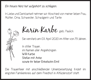 Traueranzeige von Karin Karbe von Märkische Oderzeitung