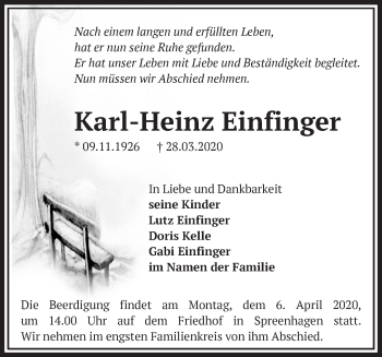 Traueranzeige von Karl-Heinz Einfinger von Märkische Oderzeitung