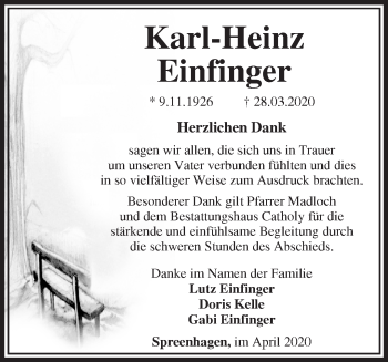 Traueranzeige von Karl-Heinz Einfinger von Märkische Oderzeitung