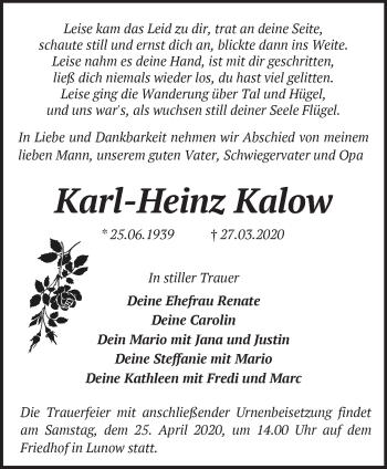 Traueranzeige von Karl-Heinz Kalow von Märkische Oderzeitung