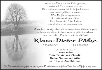 Traueranzeige von Klaus-Dieter Päthe von Märkische Oderzeitung