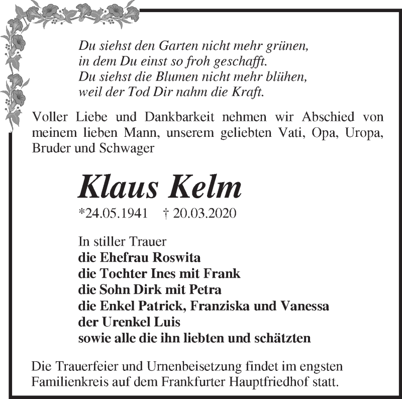  Traueranzeige für Klaus Kelm vom 04.04.2020 aus Märkische Oderzeitung
