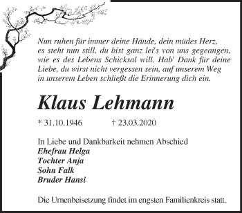 Traueranzeige von Klaus Lehmann von Märkische Oderzeitung