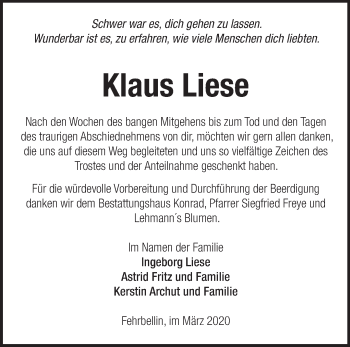 Traueranzeige von Klaus Liese von Märkische Oderzeitung