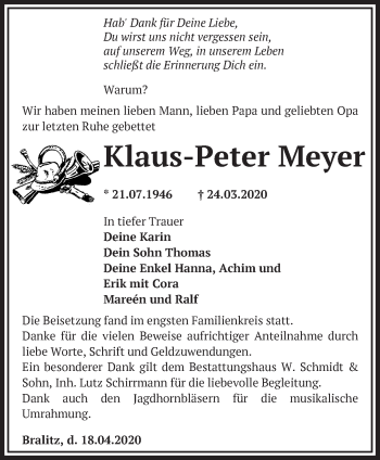 Traueranzeige von Klaus-Peter Meyer von Märkische Oderzeitung