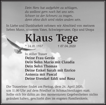 Traueranzeige von Klaus Tege von Märkische Oderzeitung