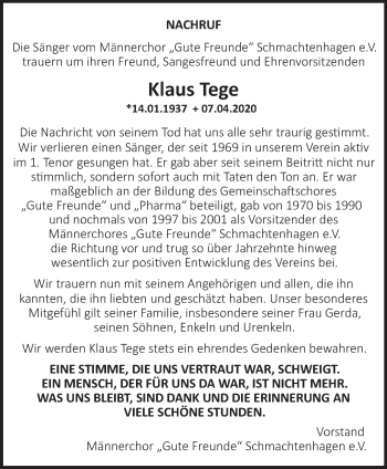 Traueranzeige von Klaus Tege von Märkische Oderzeitung