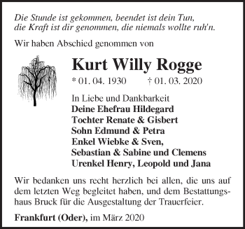 Traueranzeige von Kurt Willy Rogge von Märkische Oderzeitung