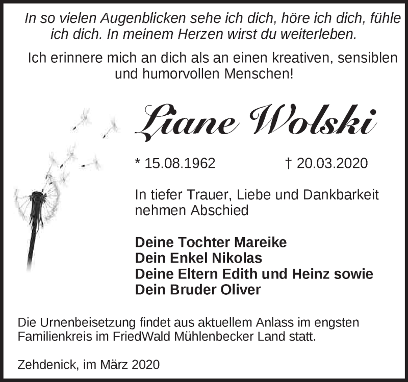 Traueranzeige für Liane Wolski vom 04.04.2020 aus Märkische Oderzeitung