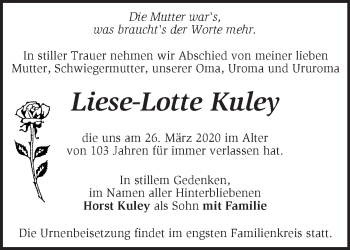 Traueranzeige von Liese-Lotte Kuley von Märkische Oderzeitung