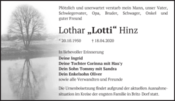 Traueranzeige von Lothar Hinz von Märkische Oderzeitung