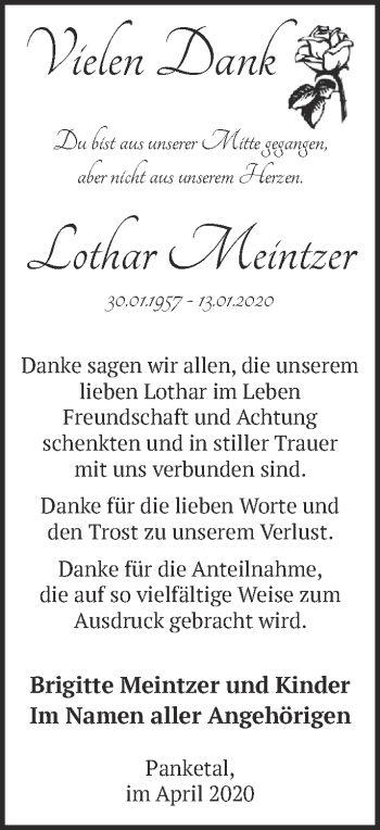 Traueranzeige von Lothar Meintzer von Märkische Oderzeitung