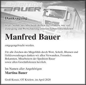 Traueranzeige von Manfred Bauer von Märkische Oderzeitung