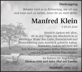 Traueranzeige von Manfred Klein von Märkische Oderzeitung