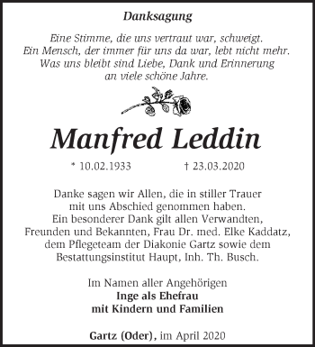 Traueranzeige von Manfred Leddin von Märkische Oderzeitung