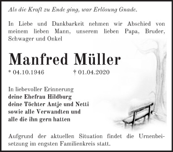 Traueranzeige von Manfred Müller von Märkische Oderzeitung