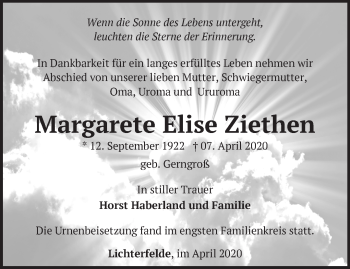 Traueranzeige von Margarete Elise Ziethen von Märkische Oderzeitung