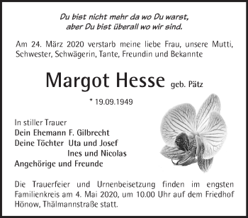 Traueranzeige von Margot Hesse von Märkische Oderzeitung