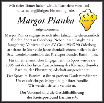 Traueranzeige von Margot Pianka von Märkische Oderzeitung