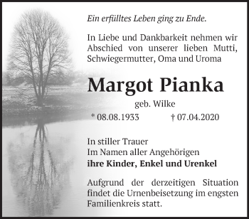 Traueranzeige von Margot Pianka von Märkische Oderzeitung