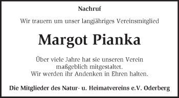 Traueranzeige von Margot Pianka von Märkische Oderzeitung