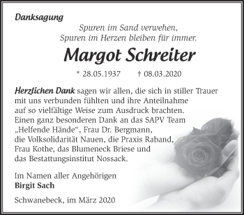 Traueranzeige von Margot Schreiter von Märkische Oderzeitung