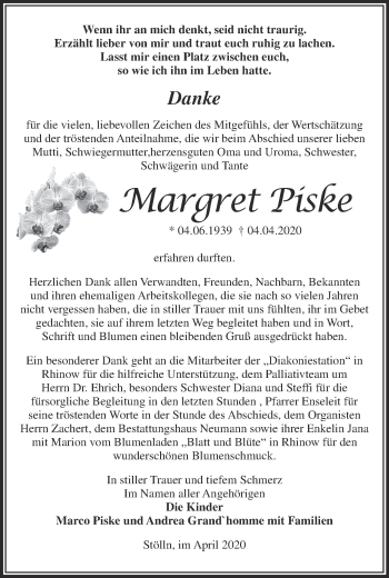 Traueranzeige von Margret Piske von Märkische Oderzeitung