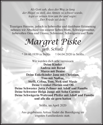 Traueranzeige von Margret Piske von Märkische Oderzeitung