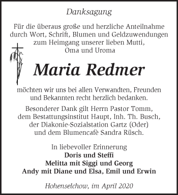 Traueranzeige von Maria Redmer von Märkische Oderzeitung