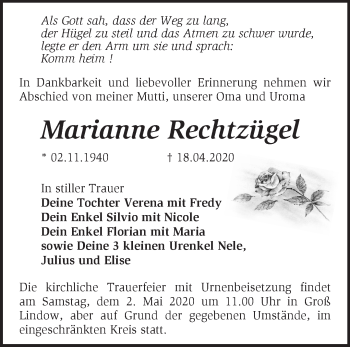 Traueranzeige von Marianne Rechtzügel von Märkische Oderzeitung