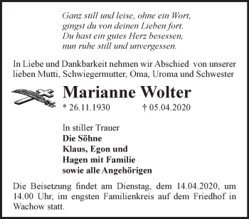 Traueranzeige von Marianne Wolter von Märkische Oderzeitung