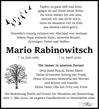 Traueranzeige von Mario Rabinowitsch von Märkische Oderzeitung