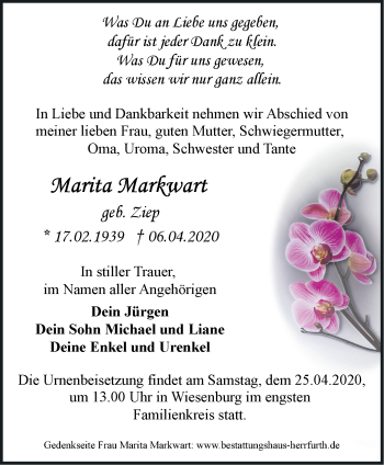 Traueranzeige von Marita Markwart von Märkische Oderzeitung