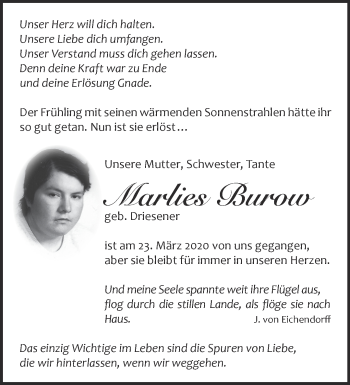 Traueranzeige von Marlies Burow von Märkische Oderzeitung