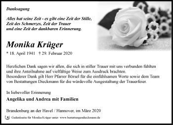 Traueranzeige von Monika Krüger von Märkische Oderzeitung