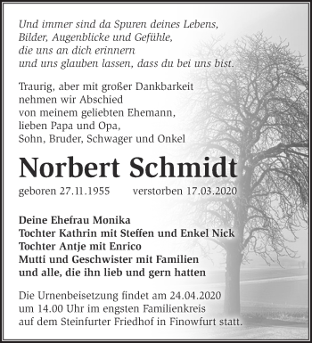 Traueranzeige von Norbert Schmidt von Märkische Oderzeitung