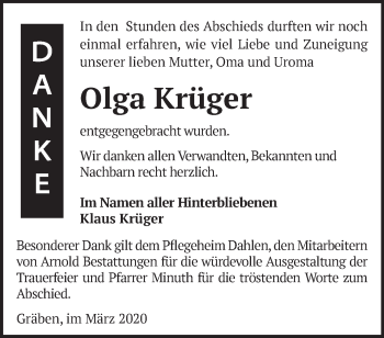 Traueranzeige von Olga Krüger von Märkische Oderzeitung