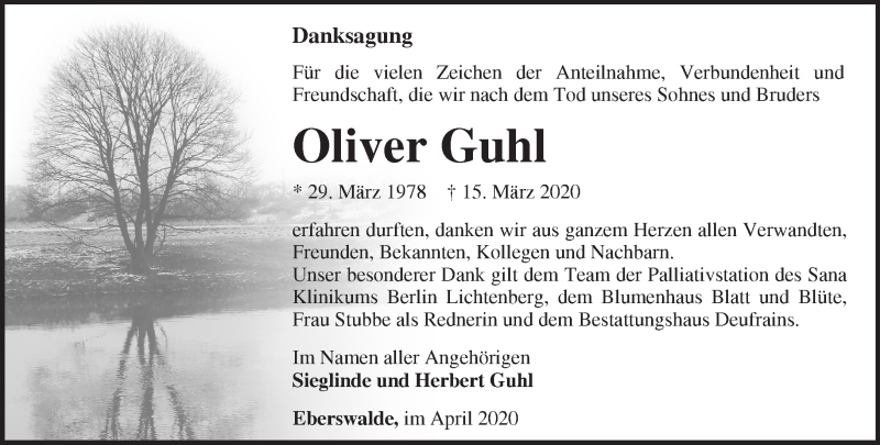  Traueranzeige für Oliver Guhl vom 12.04.2020 aus Märkische Oderzeitung