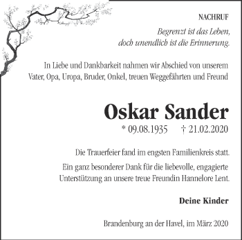 Traueranzeige von Oskar Sander von Märkische Oderzeitung