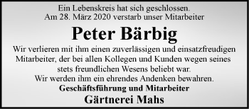 Traueranzeige von Peter Bärbig von Märkische Oderzeitung